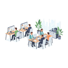Fototapeta premium Isometric Office Scene with Employees Working at Desks and in Meeting