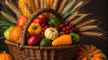 A vibrant basket brimming with assorted fruits and vegetables, complemented by wheat stalks, showcasing a colorful autumn harvest.