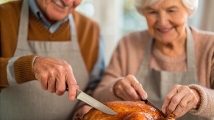 Happy elderly couple carving a turkey together in a cozy kitchen, showcasing a joyful moment of togetherness and celebration.