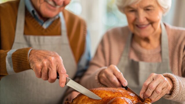 Happy elderly couple carving a turkey together in a cozy kitchen, showcasing a joyful moment of togetherness and celebration. - Powered by Adobe