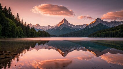 Breathtaking Mountain Landscape with Perfect Lake Reflection at Golden Hour 