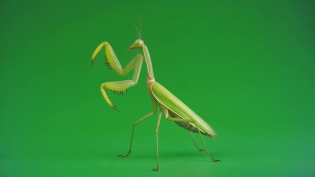 Green Praying Mantis Insect Standing Still on a Green Background