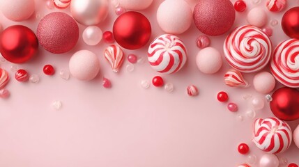 Festive collection of red and pink christmas baubles and swirling candy canes arranged on a soft pink background