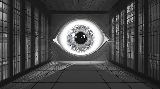 Surveillance eye watching from a dystopian monitoring chamber