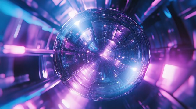 Abstract sphere reflecting futuristic tunnel with neon light