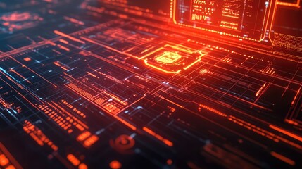 Digital circuit board with glowing data lines and futuristic interface
