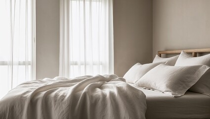 Tranquil & Cozy Neutral Linen Bedding in Sunlit Modern Bedroom Interior