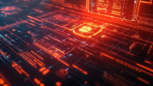 Digital circuit board with glowing data lines and futuristic interface