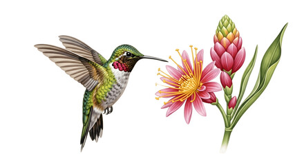 Obraz premium Hummingbird and Exotic Flower Illustration A Vibrant Wildlife Encounter.