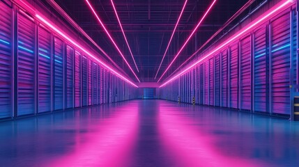 Server racks glowing with futuristic neon data center lighting
