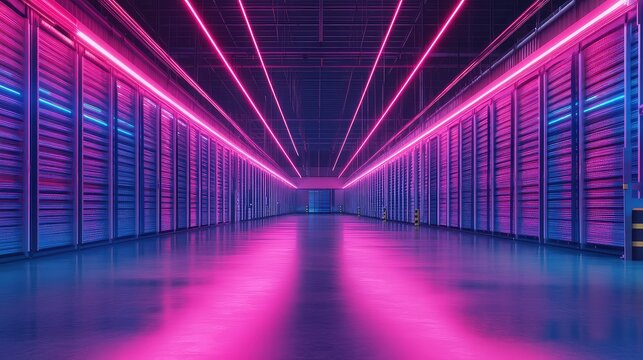 Server racks glowing with futuristic neon data center lighting - Powered by Adobe