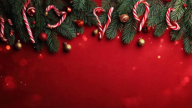 Festive christmas garland of green fir branches adorned with red and white candy canes and golden ornaments on a vibrant red background with bokeh lights