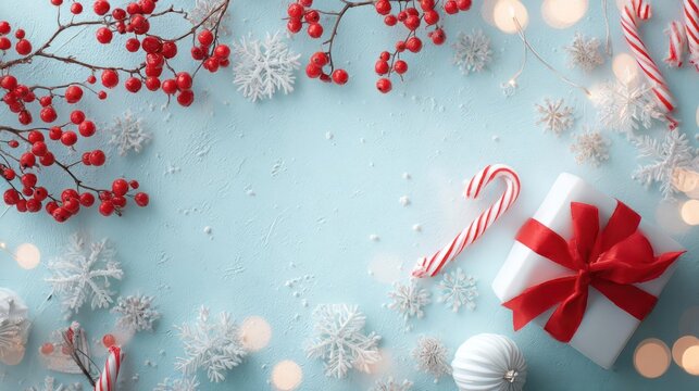 Festive christmas holiday flat lay with red berries snowflakes candy canes and gift box on blue background - Powered by Adobe
