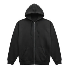 Black zip up hooded sweatshirt with front pocket and drawstrings hoodie zipper, Cut Out, Isolated On White Background, Png Transparent