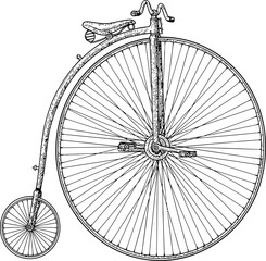 Penny-farthing bicycle outline illustration from the Victorian era isolated on black background