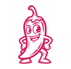 Cheerful cartoon chili pepper mascot with a happy smiling expression and friendly pose.