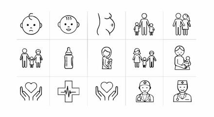 Family, parenting & healthcare outline icon set with editable stroke. Minimalist thin-line vector illustrations featuring babies, pregnant woman, parents, children, bottle, stethoscope, heart hands, 