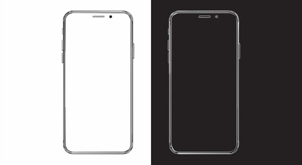Smartphone mockup outline icon with editable stroke. Minimalist thin-line illustration of modern mobile phone on white and black backgrounds. Perfect for app design, UI/UX presentations, and digital m