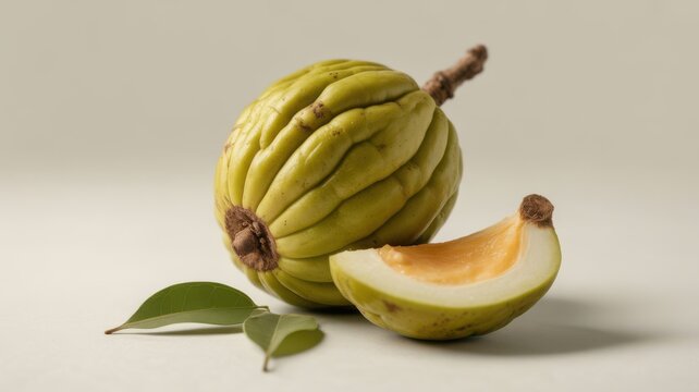 Fresh whole and sliced malabar tamarind fruit with green leaves on studio background