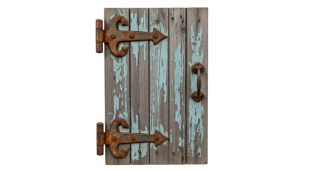 Rustic Wooden Door with Rusty Hinges and Peeling Paint