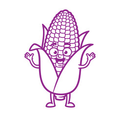 Cheerful cartoon corn character with smiling face and waving arms in purple outline
