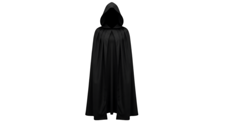 Black hooded cloak with pleats on black background