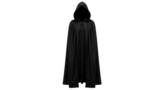 Black hooded cloak with pleats on black background