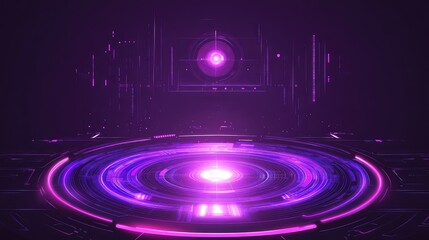 Futuristic digital platform with glowing purple neon circles