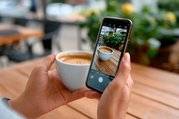 Hands taking smartphone picture of coffee cup