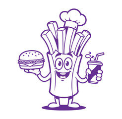 Cheerful cartoon french fry character holding burger and drink for food designs