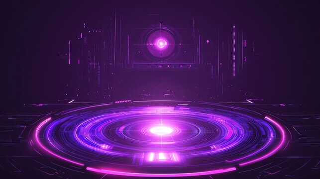 Futuristic digital platform with glowing purple neon circles