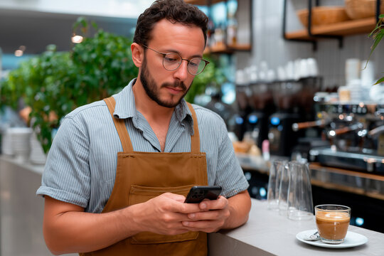 Barista man texting on smartphone in coffee shop - Powered by Adobe