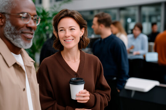 Coworkers enjoying coffee break and networking at office event - Powered by Adobe