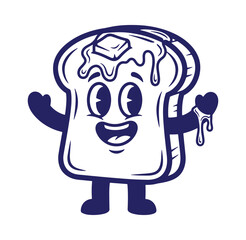 Cheerful cartoon illustration of a buttered toast slice with smiling face and drips