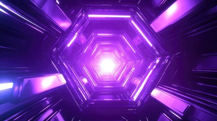 Abstract purple futuristic hexagonal tunnel with glowing light