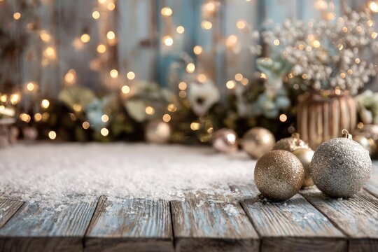 Festive christmas scene with rustic wooden table and twinkling fairy lights creating a magical holiday atmosphere - Powered by Adobe