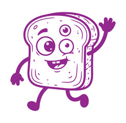 Cheerful cartoon illustration of a slice of bread with a happy face and waving hand