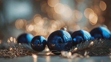 Close up of shimmering blue christmas ornaments on a pine branch with soft golden bokeh lights in the background