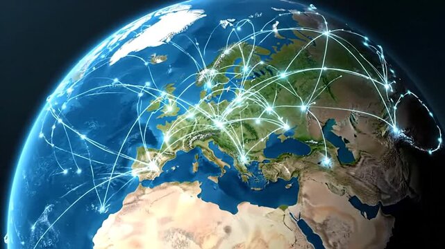 Animated Earth globe showing interconnected networks across Europe. Glowing lines link cities