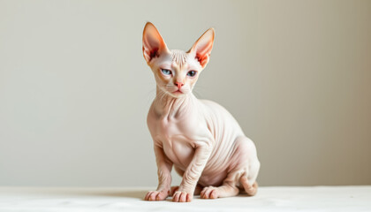 Close-up portrait of a hairless Sphynx cat sitting indoors with neutral background, showcasing its unique wrinkled skin and piercing blue eyes