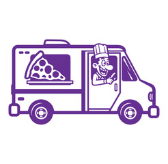 Cheerful chef driving pizza food truck delivering delicious pizza slices to customers