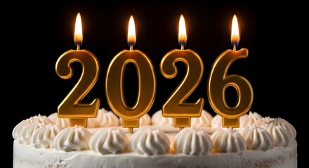Golden 2026 number candles burning brightly on a white frosted cake new year celebration