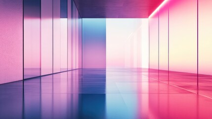 Modern architectural corridor reflecting vibrant neon gradient light