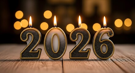 Lit 2026 candles with gold trim on a rustic wooden surface with bokeh lights new year fire