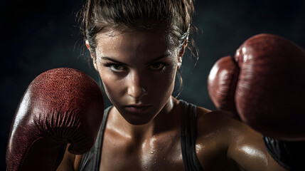 A determined female boxer with sweat on her face and wearing boxing gloves, looking intensely at the camera in a dark setting