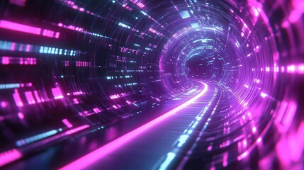 Digital data flowing through futuristic neon tunnel