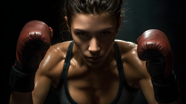 A determined female boxer with sweat on her face and wearing boxing gloves, looking intensely at the camera in a dark setting
