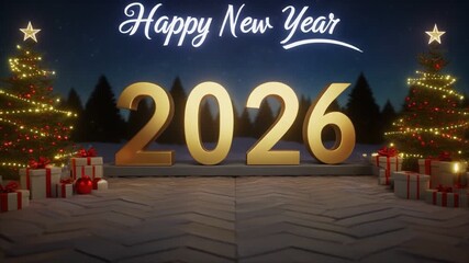 Happy New Year 2026 festive celebration with Christmas trees and gifts