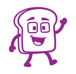 Cheerful purple bread slice character smiling and waving a friendly greeting vector illustration