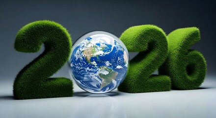 Year 2026 Numbers Covered in Green Grass with Earth Globe in the Center new year planet